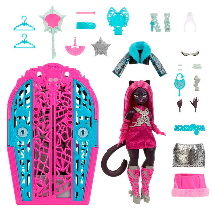 Monster High Poupée et Armoire Skulltimate Secrets - Catty Noir, Collection Hauntlywood Mysteries, avec 19+ Surcharges, Modèle Jbg82 Mattel - Multilingue
