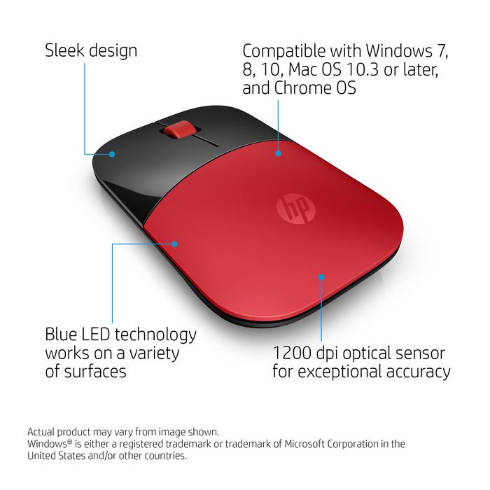 HP Z3700 - Souris sans fil optique avec récepteur USB, 1200 DPI, technologie LED bleue, couleur rouge - Compatible Windows, macOS, Chrome OS