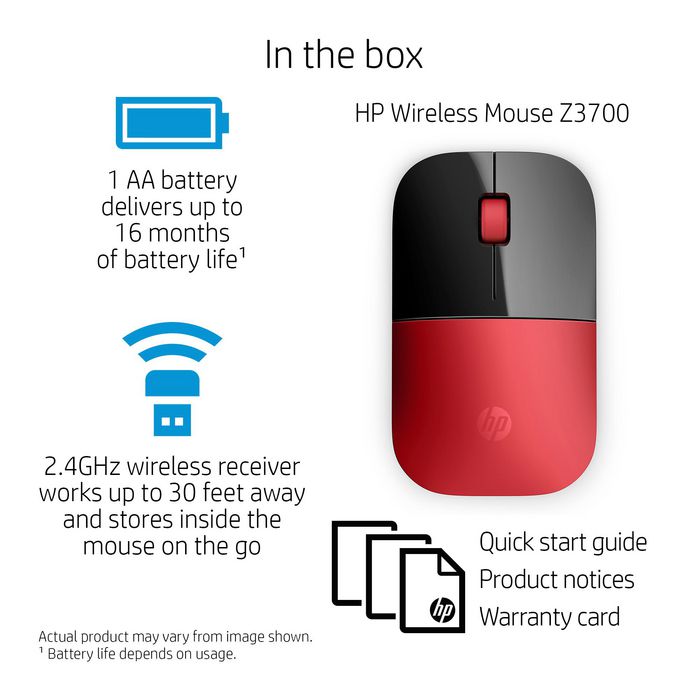 HP Z3700 - Souris sans fil optique avec récepteur USB, 1200 DPI, technologie LED bleue, couleur rouge - Compatible Windows, macOS, Chrome OS