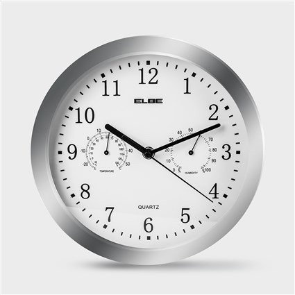 Elbe RP-3005-P Horloge murale avec thermomètre et hygromètre, cadran blanc 25 cm diamètre, aiguilles et chiffres noirs