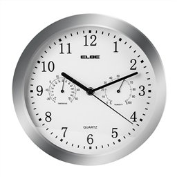 Elbe RP-3005-P Horloge murale avec thermomètre et hygromètre, cadran blanc 25 cm diamètre, aiguilles et chiffres noirs