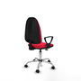 Chaise de bureau Algarra avec mécanisme de contact permanent de base, recouverte de tissu rouge. Équipée d'une base chromée, d'accoudoirs fixes et de roulettes autobloquantes.