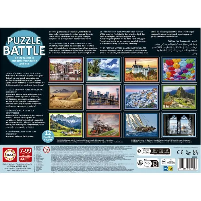 Educa Puzzle Battle Travel - Ensemble de 12 puzzles de 42 pièces - Thème voyage et cartes - À partir de 7 ans