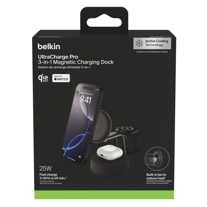 Belkin UltraCharge Pro Station de charge magnétique 3-en-1 Qi2 25W - Noir Belkin UltraCharge Pro Station de charge magnétique 3-en-1 Qi2 25W - Noir
