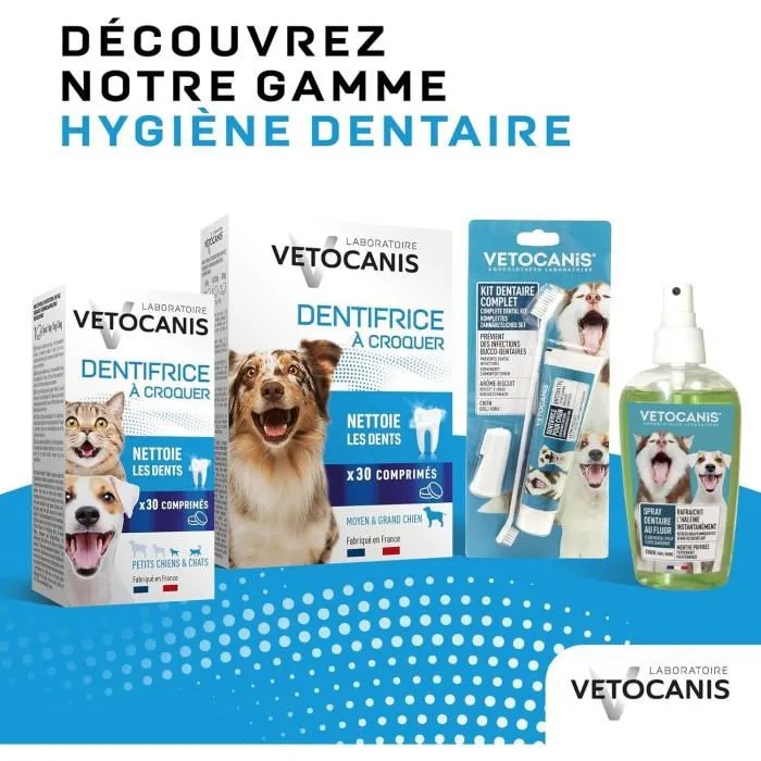 VETOCANIS Dentifrice à croquer anti-tartre pour chien, élimine la mauvaise haleine, renforce l'émail, 30 comprimés
