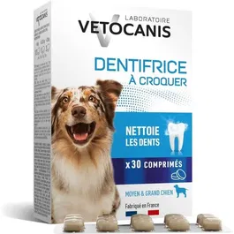 VETOCANIS Dentifrice à croquer anti-tartre pour chien, élimine la mauvaise haleine, renforce l'émail, 30 comprimés