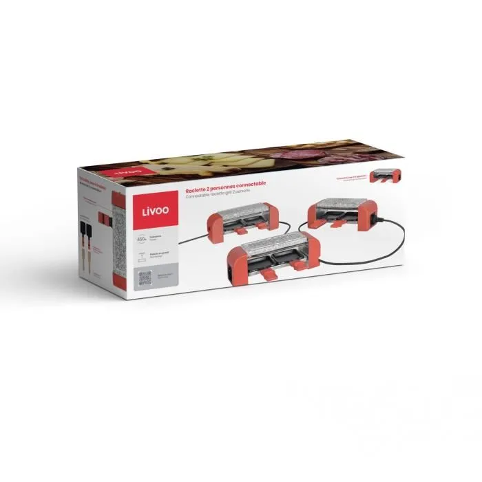 Livoo Raclette électrique connectable DOC310R pour 2 personnes, 450W, thermostat automatique, 2 spatules en bois et 2 caquelons