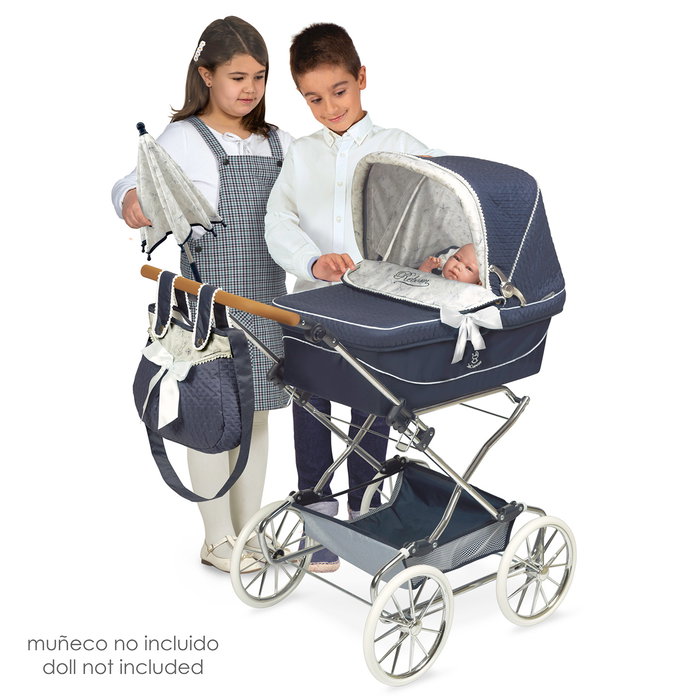 Decuevas Poussette Vintage Reborn Pliable pour Poupées avec Ombrelle et Accessoires, Azur Marine, 90x40x90 cm