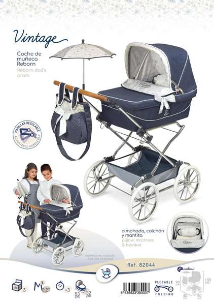 Decuevas Poussette Reborn Pliante Vintage avec Parasol Métal Plastique Polyester 40x90x90cm Dès 3 Ans