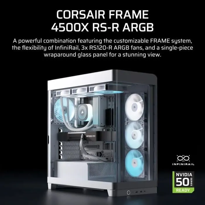 Corsair 4500X FRAME Mid-Tower Blanc - Boîtier PC modulaire avec verre trempé, support 2 radiateurs 360mm, 10 ventilateurs, ARGB et bras Anti-Sag pour carte graphique