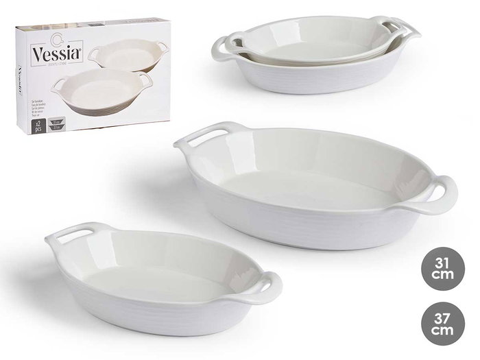 Vessia Lot de 2 plateaux ovales avec anses ouvertes 36x23x7.5 cm + 31x20x5 cm porcelaine blanc (Set de 6) Vessia Lot de 2 plateaux ovales avec anses ouvertes 36x23x7.5 cm + 31x20x5 cm porcelaine blanc (Set de 6)