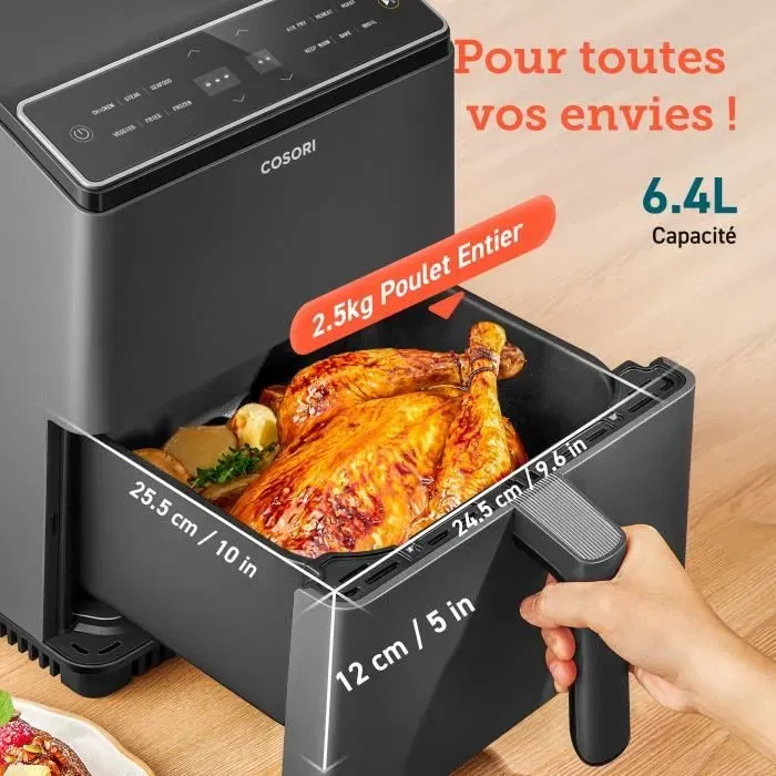 Cosori Friteuse sans huile Dual Blaze Chef Edition 6,4L 1700W Noire - 12 Programmes, 5 Brochettes, 1 Grille - Cuisson rapide et uniforme