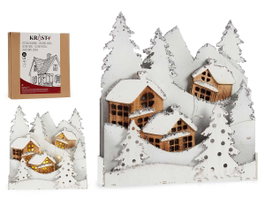 Krist+ Village de Noël en bois blanc avec arbre et paillettes lumineux 44 x 48 x 7 cm (Set de 4)