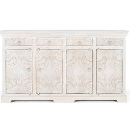 GINER Y COLOMER - Buffet en bois de manguier massif style ancien couleur blanc vieilli - 4 portes, 4 tiroirs - 180 x 100 x 40 cm