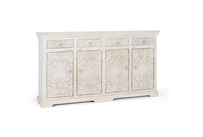 GINER Y COLOMER - Buffet en bois de manguier massif style ancien couleur blanc vieilli - 4 portes, 4 tiroirs - 180 x 100 x 40 cm