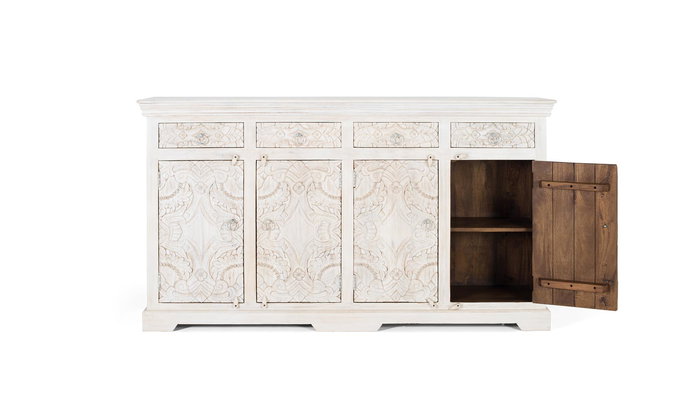 GINER Y COLOMER - Buffet en bois de manguier massif style ancien couleur blanc vieilli - 4 portes, 4 tiroirs - 180 x 100 x 40 cm
