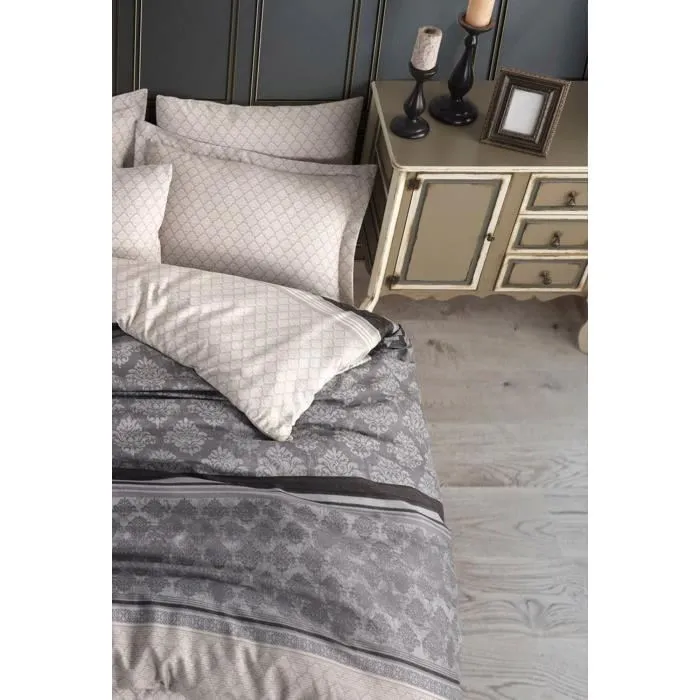 Parure de lit 220 x 240 cm - Housse de couette + 2 taies 60x60 cm - 65% coton 35% polyester - Gris - Ensemble King pour un lit confortable et luxueux