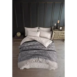 Parure de lit 220 x 240 cm - Housse de couette + 2 taies 60x60 cm - 65% coton 35% polyester - Gris - Ensemble King pour un lit confortable et luxueux