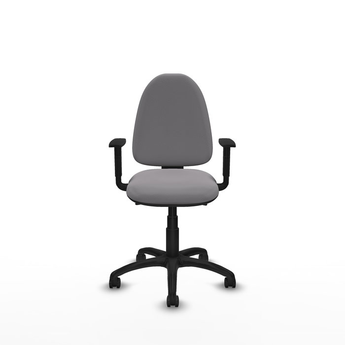 Chaise de bureau Aýna avec mécanisme Asincro, revêtement en simili cuir gris. Équipée d'une base en polyamide noir, d'accoudoirs 1D et de roulettes pour parquet