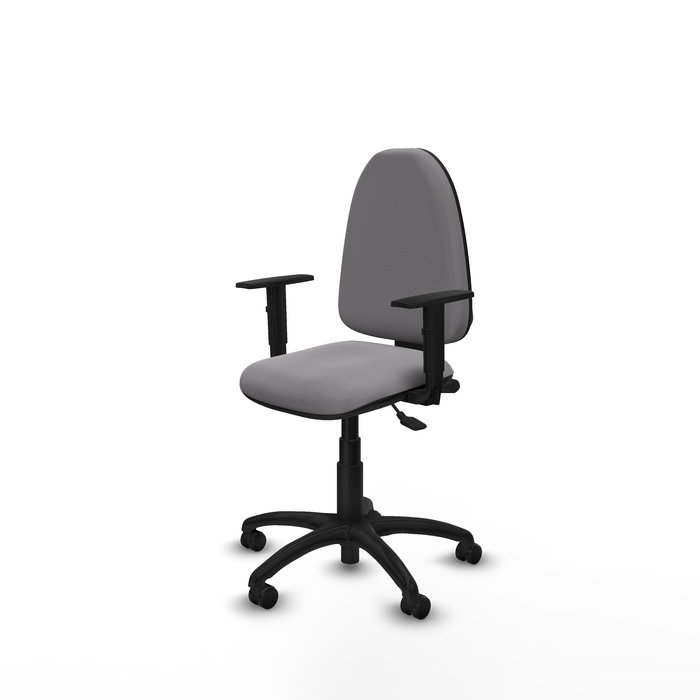 Chaise de bureau Aýna avec mécanisme Asincro, revêtement en simili cuir gris. Équipée d'une base en polyamide noir, d'accoudoirs 1D et de roulettes pour parquet