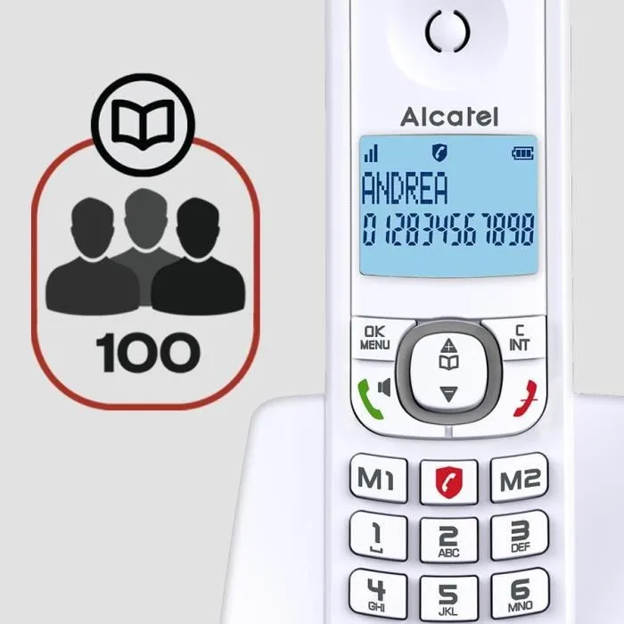 Alcatel F530 Téléphone fixe sans fil solo avec blocage d'appels évolué, écran rétro-éclairé, répertoire 100 contacts, mains libres, couleur gris
