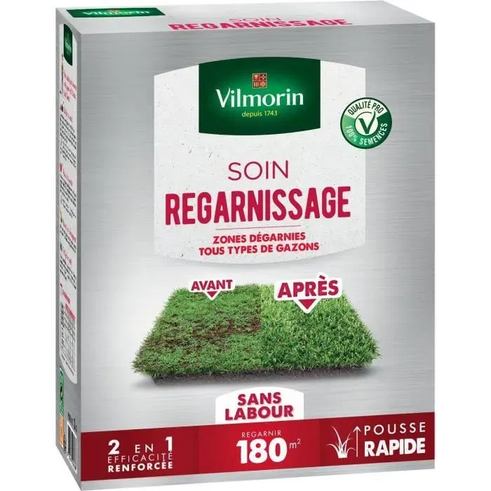 Vilmorin Semences de Gazon 2 en 1 - Soins et Regarnissage Universel - 3 kg - Pousse sur 120 m² (création) ou 180 m² (regarnissage) - Haute Pureté et Germination