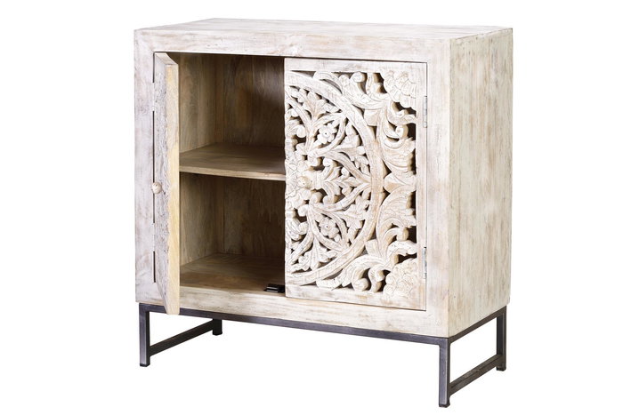 GINER Y COLOMER Buffet de salon en mangue massif avec pieds en fer - Finition blanc vieilli et gris, 80x80x35 cm