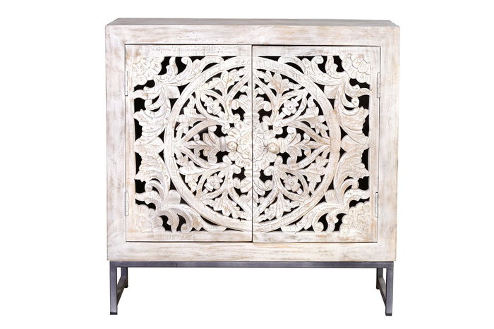 GINER Y COLOMER Buffet de salon en mangue massif avec pieds en fer - Finition blanc vieilli et gris, 80x80x35 cm