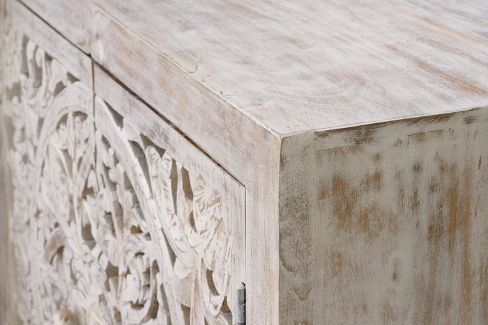 GINER Y COLOMER Buffet de salon en mangue massif avec pieds en fer - Finition blanc vieilli et gris, 80x80x35 cm