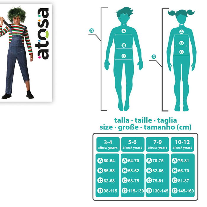 Déguisement enfant muñeco maldito avec chemise rayée et salopette, Halloween, 7-9 ans, Polyester gris, Licences Autres, Nouveauté 2025