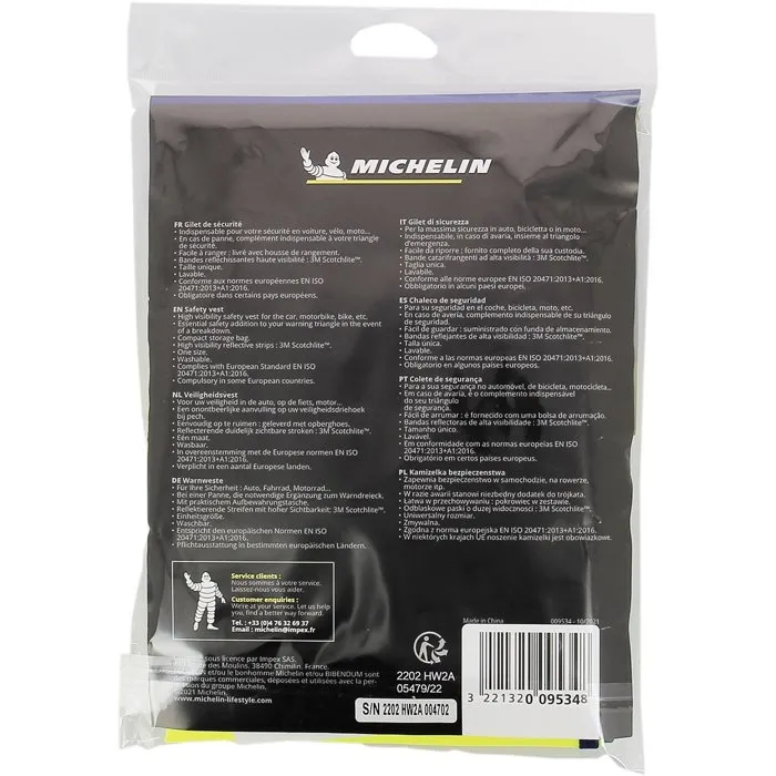 Michelin - Gilet de sécurité haute visibilité avec bandes réfléchissantes 3M et housse de rangement - Taille unique Michelin - Gilet de sécurité haute visibilité avec bandes réfléchissantes 3M et housse de rangement - Taille unique