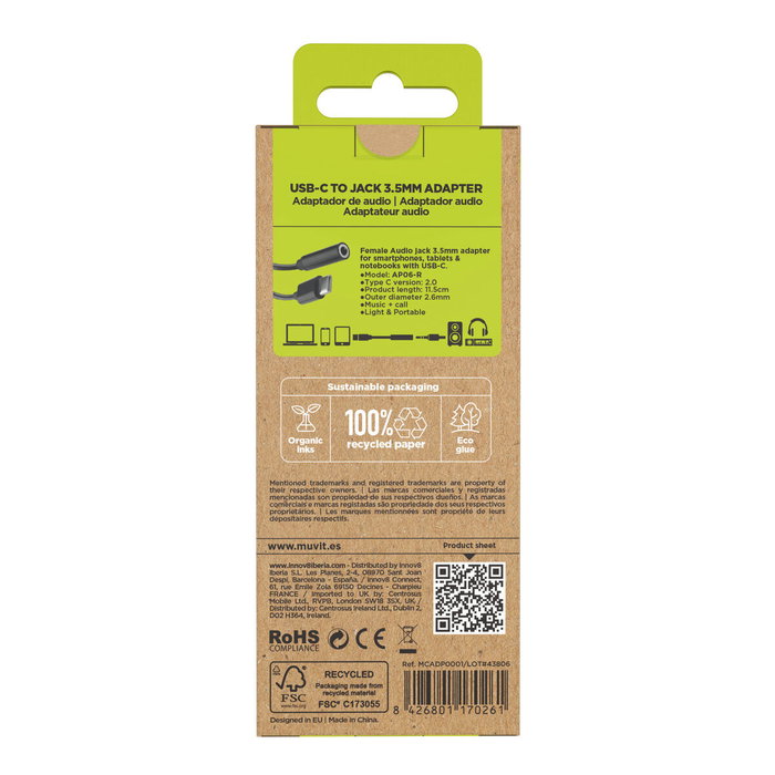 Adaptateur USB-C vers Jack 3.5 mm Muvit for Change JDS-C35 Noir