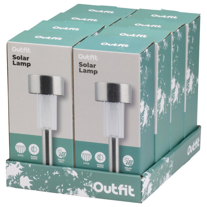 Outfit Lot de 5 lampes solaires en acier inoxydable d.4,5 cm, LED blanc chaud Outfit Lot de 5 lampes solaires en acier inoxydable d.4,5 cm, LED blanc chaud