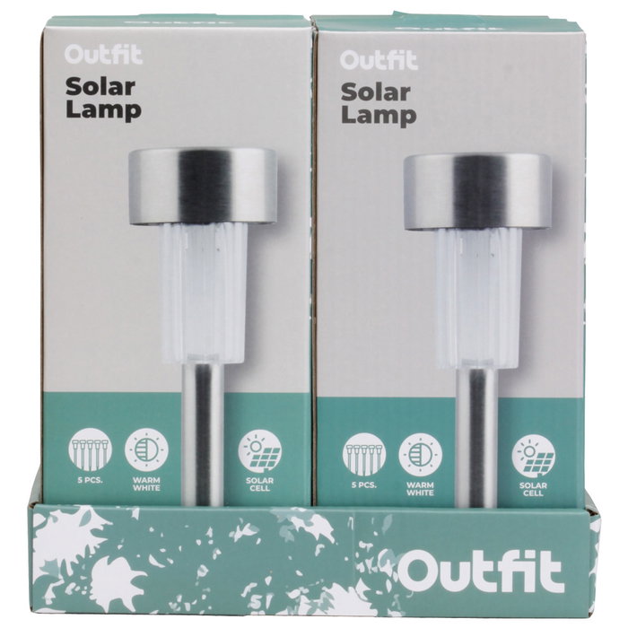 Outfit Lot de 5 lampes solaires en acier inoxydable d.4,5 cm, LED blanc chaud Outfit Lot de 5 lampes solaires en acier inoxydable d.4,5 cm, LED blanc chaud