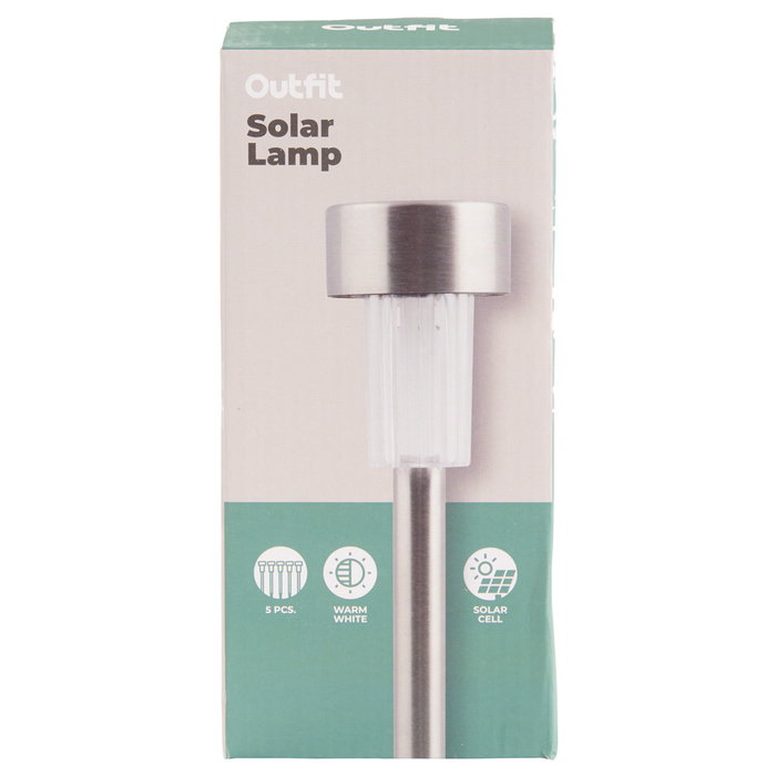 Outfit Lot de 5 lampes solaires en acier inoxydable d.4,5 cm, LED blanc chaud Outfit Lot de 5 lampes solaires en acier inoxydable d.4,5 cm, LED blanc chaud