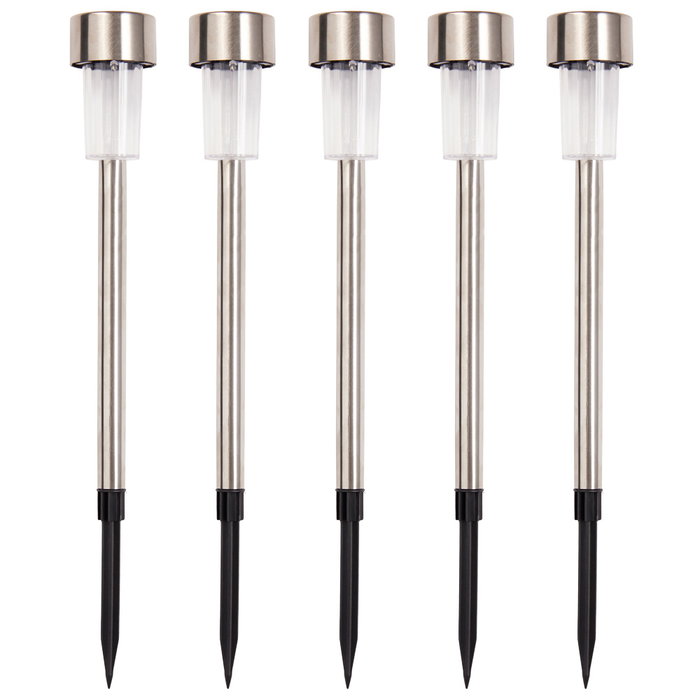 Outfit Lot de 5 lampes solaires en acier inoxydable d.4,5 cm, LED blanc chaud Outfit Lot de 5 lampes solaires en acier inoxydable d.4,5 cm, LED blanc chaud