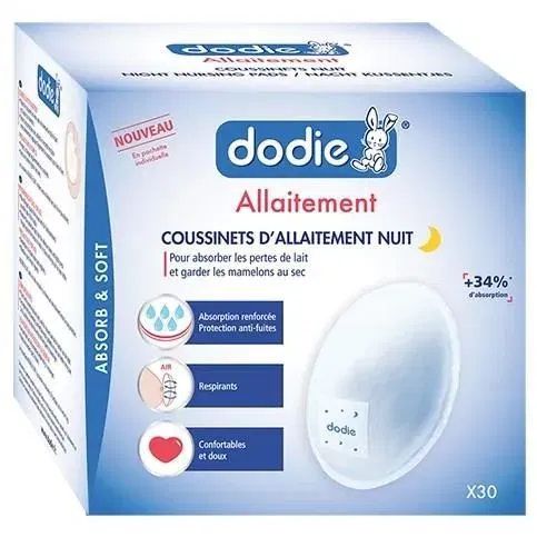 Dodie Coussinets d'Allaitement de Nuit, Protection Renforcée Antifuites et Respirante, 30 Pièces