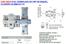 FAC CERROJOS Cylindre 301-RP/ 80 Nickel 50 mm