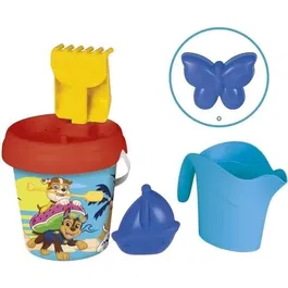 Smoby Seau de Plage Pat Patrouille - Seau 17 cm avec Tamis, Râteau, Pelle, Arrosoir et Moule à Sable, en Plastique Recyclé, Jeu de Plage pour Enfant à Partir de 18 Mois