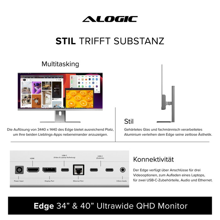 Alogic EDGE 40 Moniteur Ultra-large Space Gray 40 pouces UWQHD IPS 100 Hz USB-C Hub