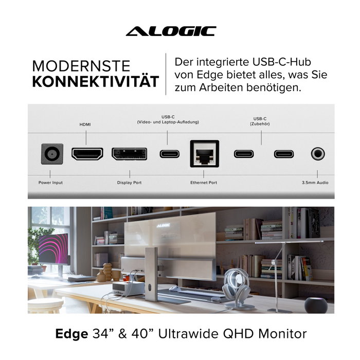 Alogic EDGE 40 Moniteur Ultra-large Space Gray 40 pouces UWQHD IPS 100 Hz USB-C Hub