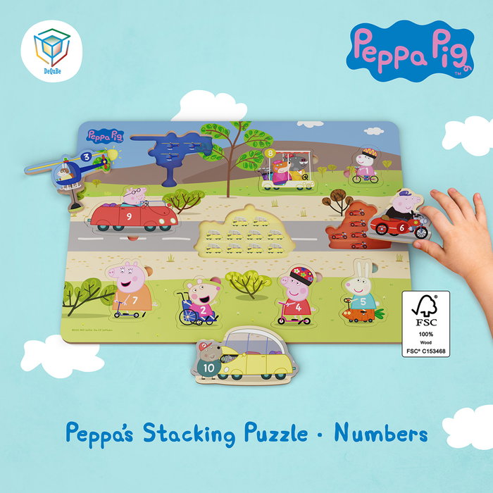 DEQUBE Puzzle d'éveil en bois Peppa Pig pour apprendre les chiffres et à compter - 10 pièces avec préhension facile - Multilingue (Français) - Pour enfants à partir de 24 mois