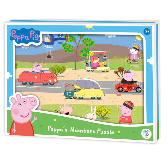 DEQUBE Puzzle d'éveil en bois Peppa Pig pour apprendre les chiffres et à compter - 10 pièces avec préhension facile - Multilingue (Français) - Pour enfants à partir de 24 mois