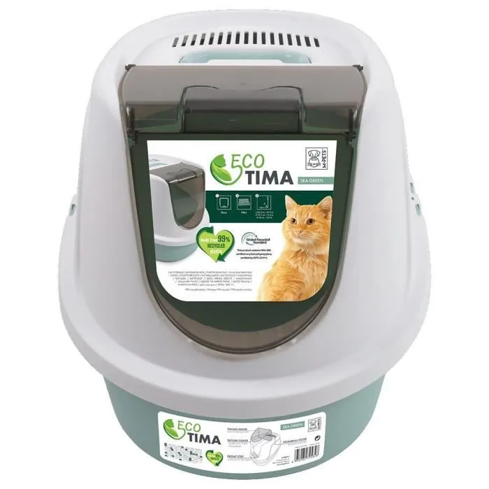 Mpets - Maison de toilette pour chat ECO TIMA, en plastique recyclé vert d'eau, avec porte battante et capot amovible - Taille M