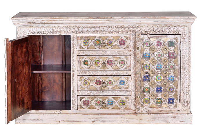 GINER Y COLOMER Buffet en bois de manguier avec détails en céramique et bronze, finition blanc vieilli, 150 x 45 x 95 cm
