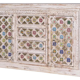 GINER Y COLOMER Buffet en bois de manguier avec détails en céramique et bronze, finition blanc vieilli, 150 x 45 x 95 cm