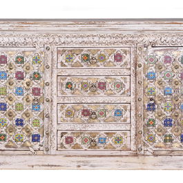 GINER Y COLOMER Buffet en bois de manguier avec détails en céramique et bronze, finition blanc vieilli, 150 x 45 x 95 cm