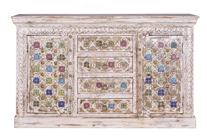 GINER Y COLOMER Buffet en bois de manguier avec détails en céramique et bronze, finition blanc vieilli, 150 x 45 x 95 cm