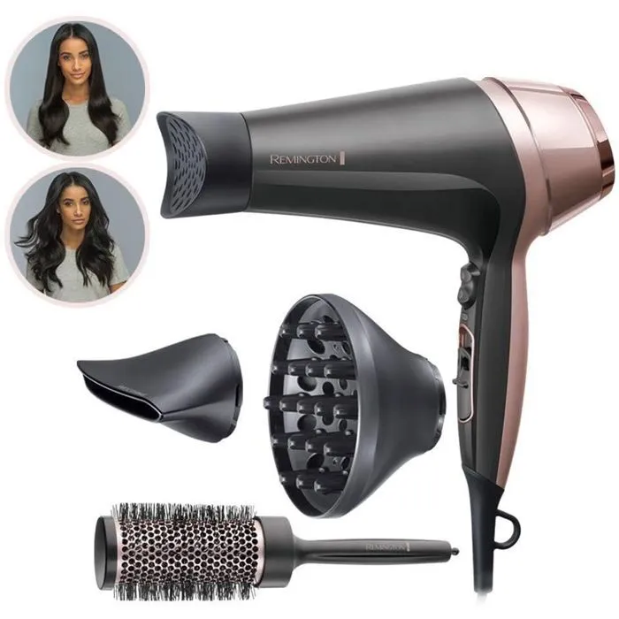 Remington D5706 - Coffret Coiffure Sèche-Cheveux Ionique Curl Confidence 2200W avec Grille Céramique, Concentrateurs, Diffuseur et Brosse 45mm - Léger et Silencieux