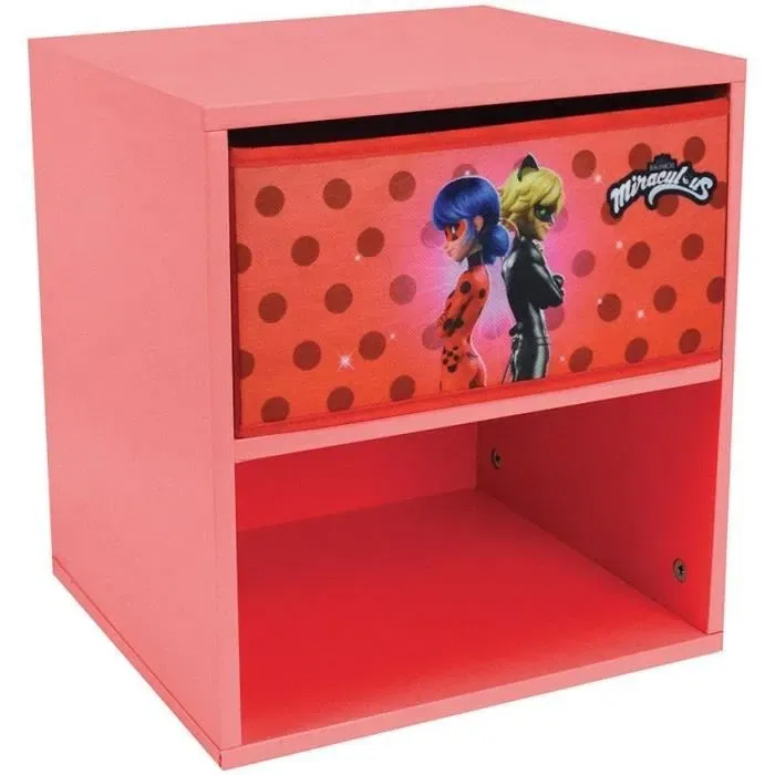 Fun House Chevet Miraculous Ladybug avec Tiroir - Table de Chevet Décorative pour Enfant - 36 x 33 x 30 cm